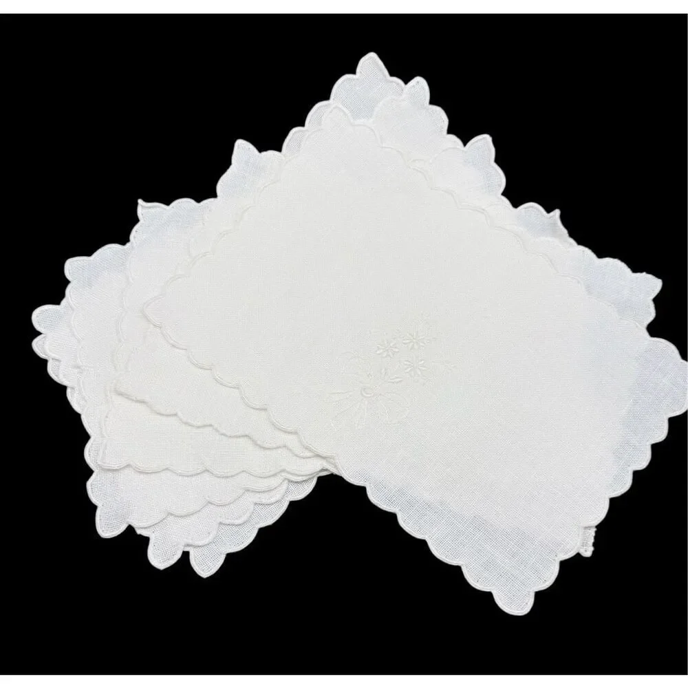 Linen Cocktail Napkins Set of 6 White On White Floral Embroidery 5.5” X 8”